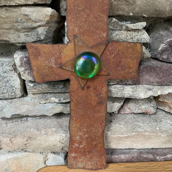 Western Rusty Metal Cross Star Glass Rust Green Southwest Cowboy Ranch - Picture 3 of 6